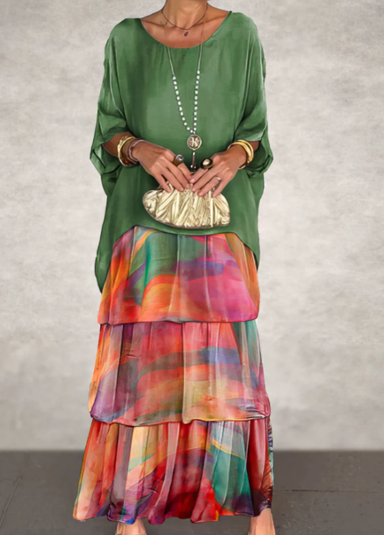 Vestido Femenino Largo Fluido de Capas para Verano Verde