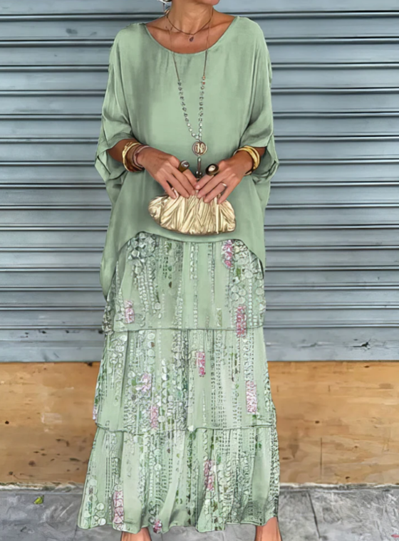 Vestido Femenino Largo Fluido de Capas para Verano Verde