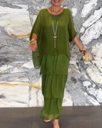 Vestido Femenino Largo Fluido de Capas para Verano Verde