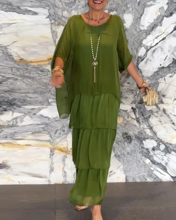 Vestido Femenino Largo Fluido de Capas para Verano Verde