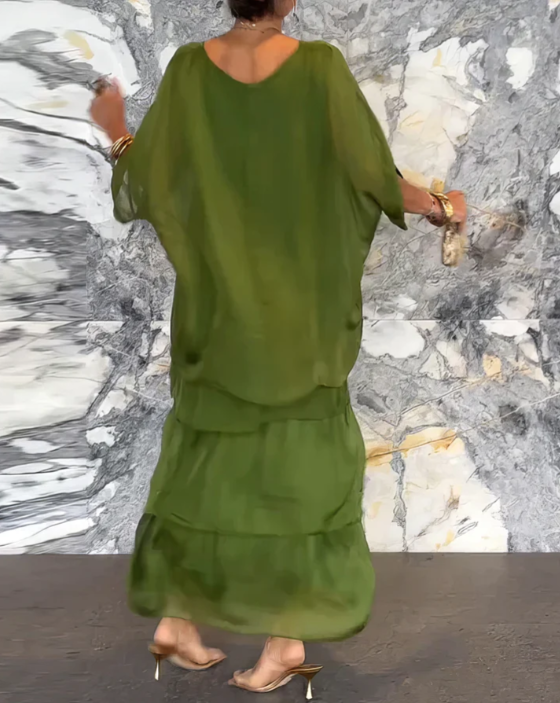 Vestido Femenino Largo Fluido de Capas para Verano Verde