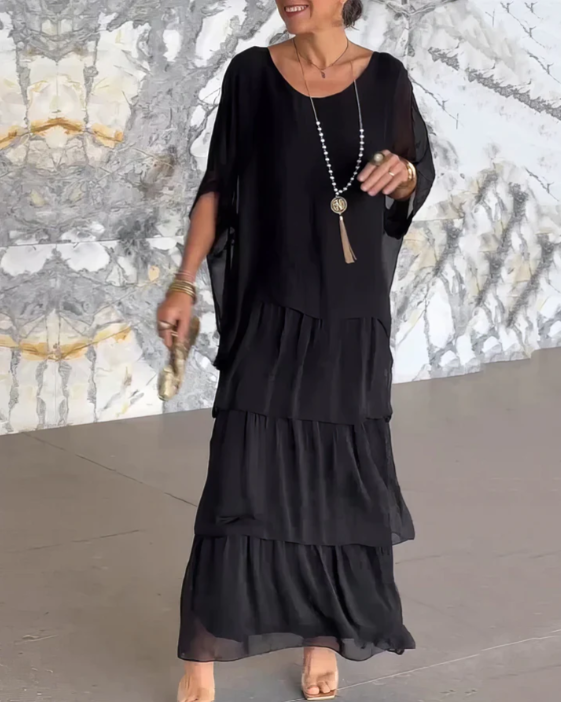 Vestido Femenino Largo Fluido de Capas para Verano Verde