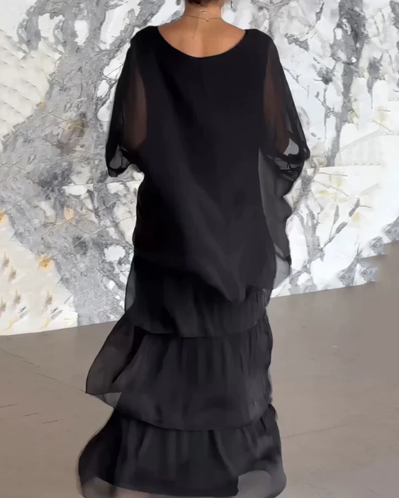 Vestido Femenino Largo Fluido de Capas para Verano Verde