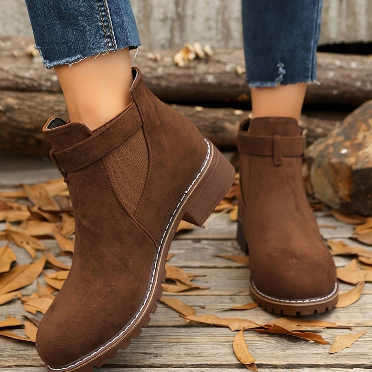 Suede Ankle Boots with Block Heel and Buckle Strap