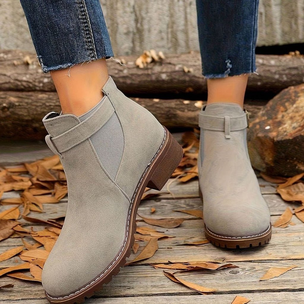 Suede Ankle Boots with Block Heel and Buckle Strap