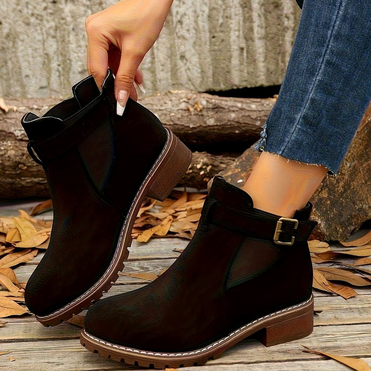 Suede Ankle Boots with Block Heel and Buckle Strap