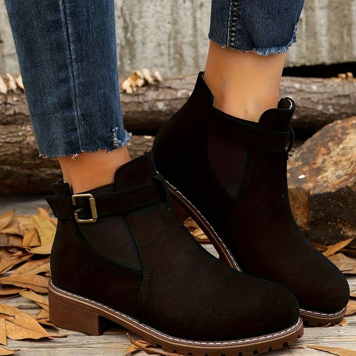 Suede Ankle Boots with Block Heel and Buckle Strap