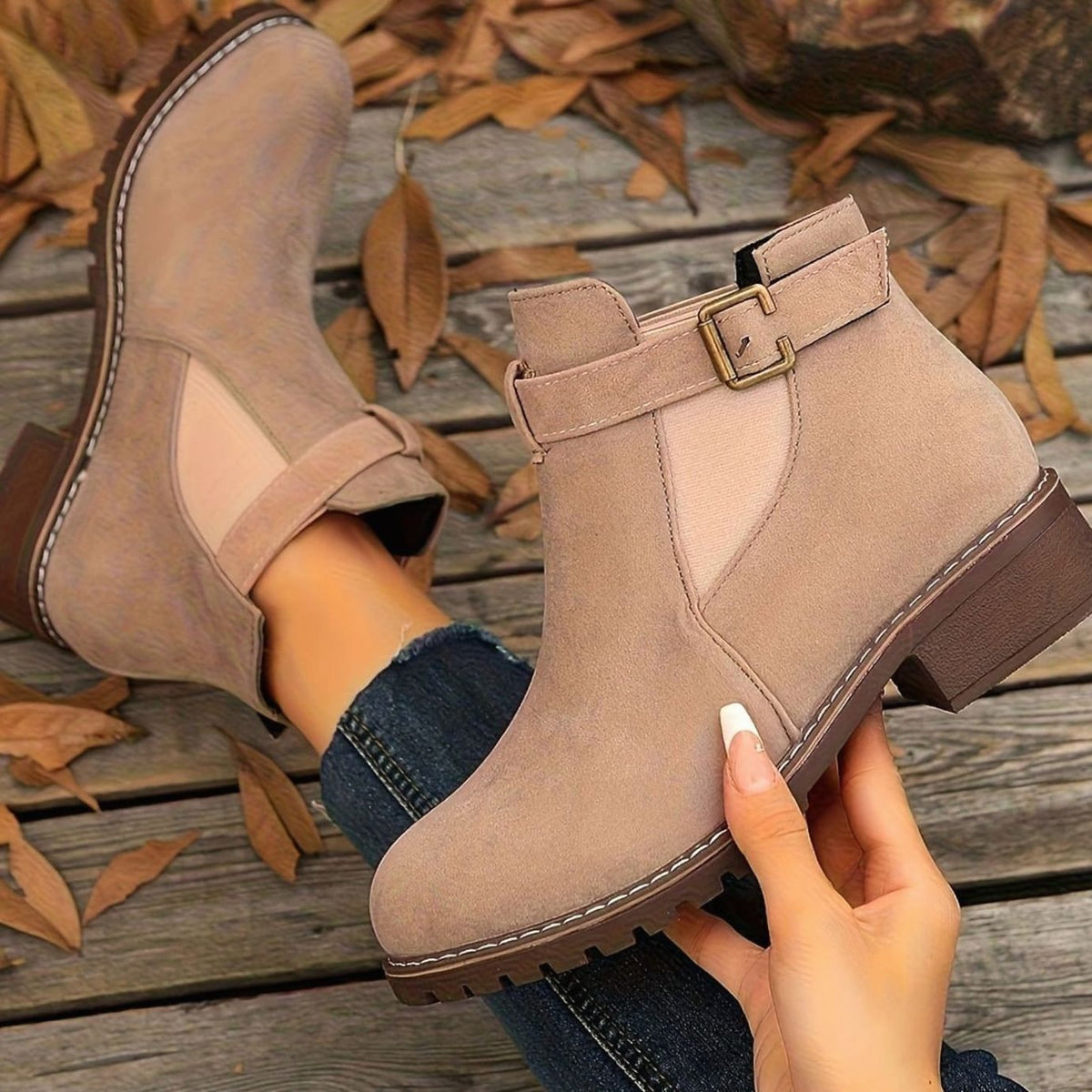 Suede Ankle Boots with Block Heel and Buckle Strap
