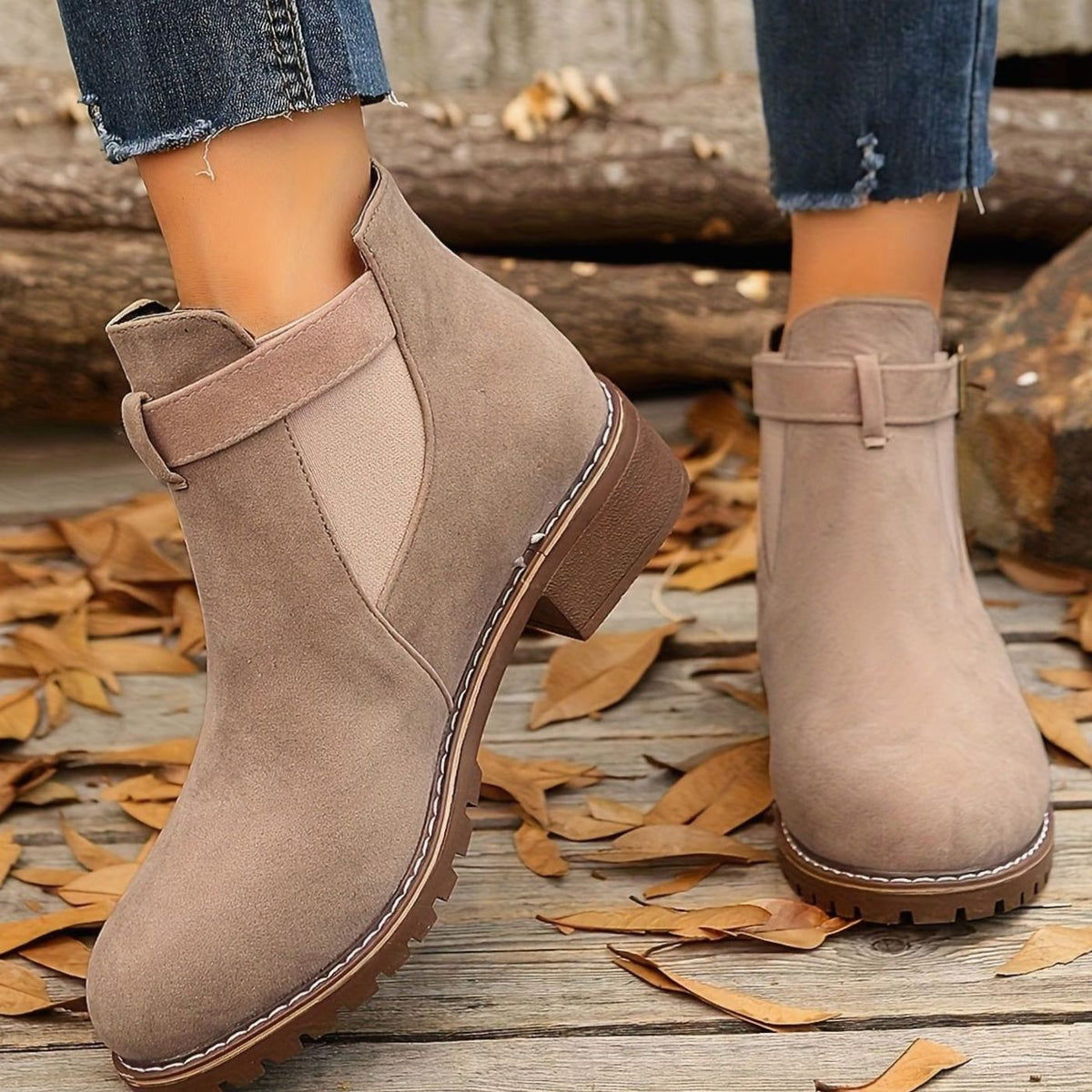 Suede Ankle Boots with Block Heel and Buckle Strap