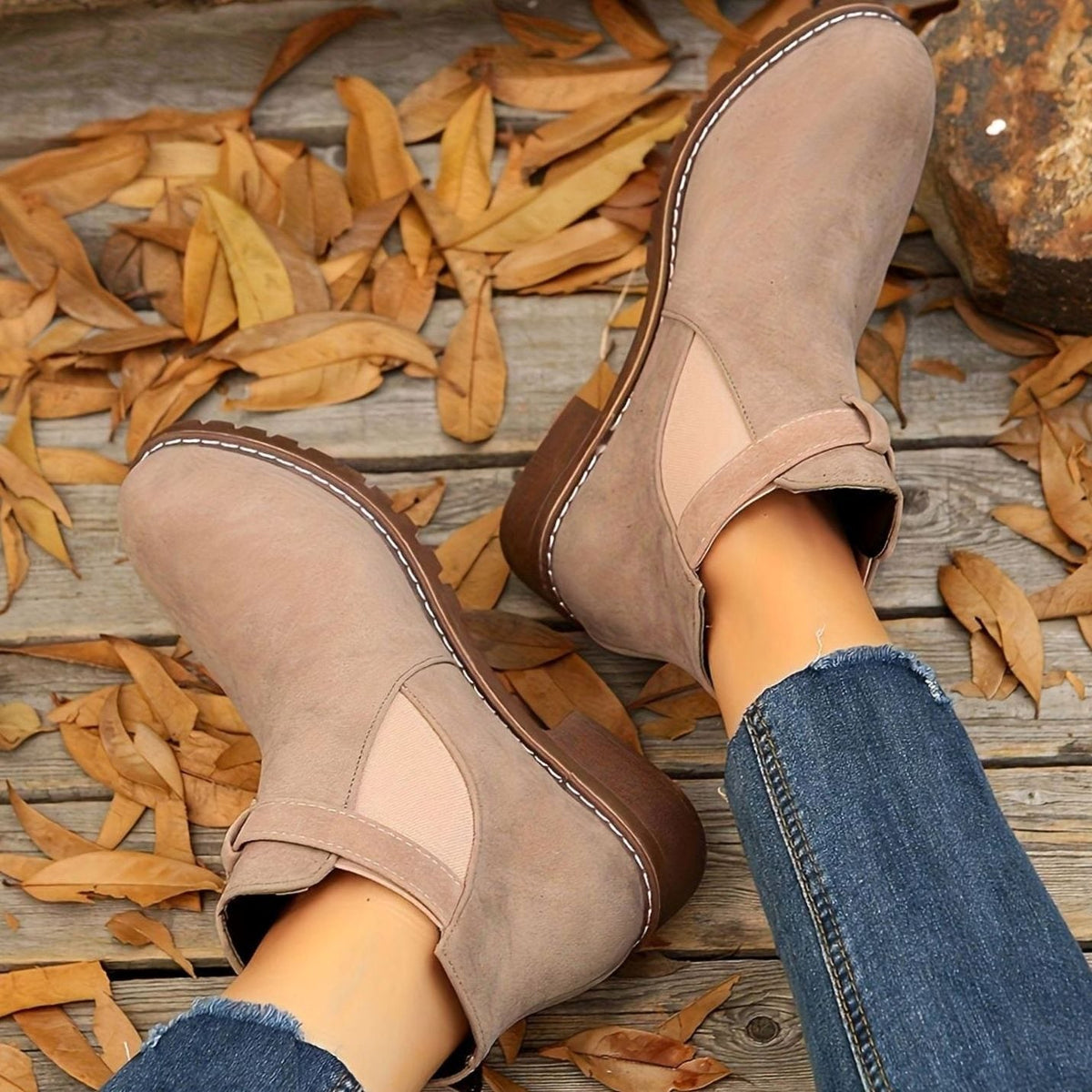 Suede Ankle Boots with Block Heel and Buckle Strap