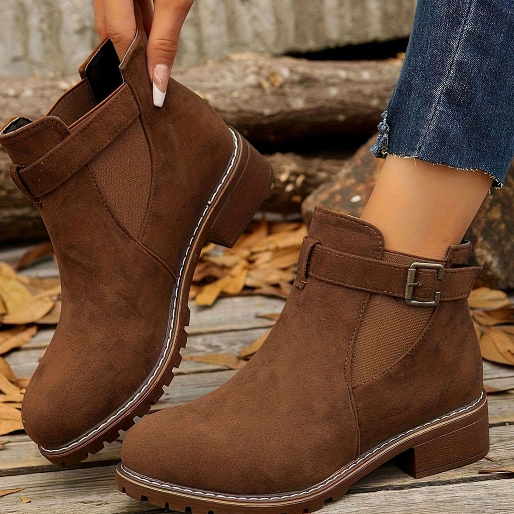 Suede Ankle Boots with Block Heel and Buckle Strap