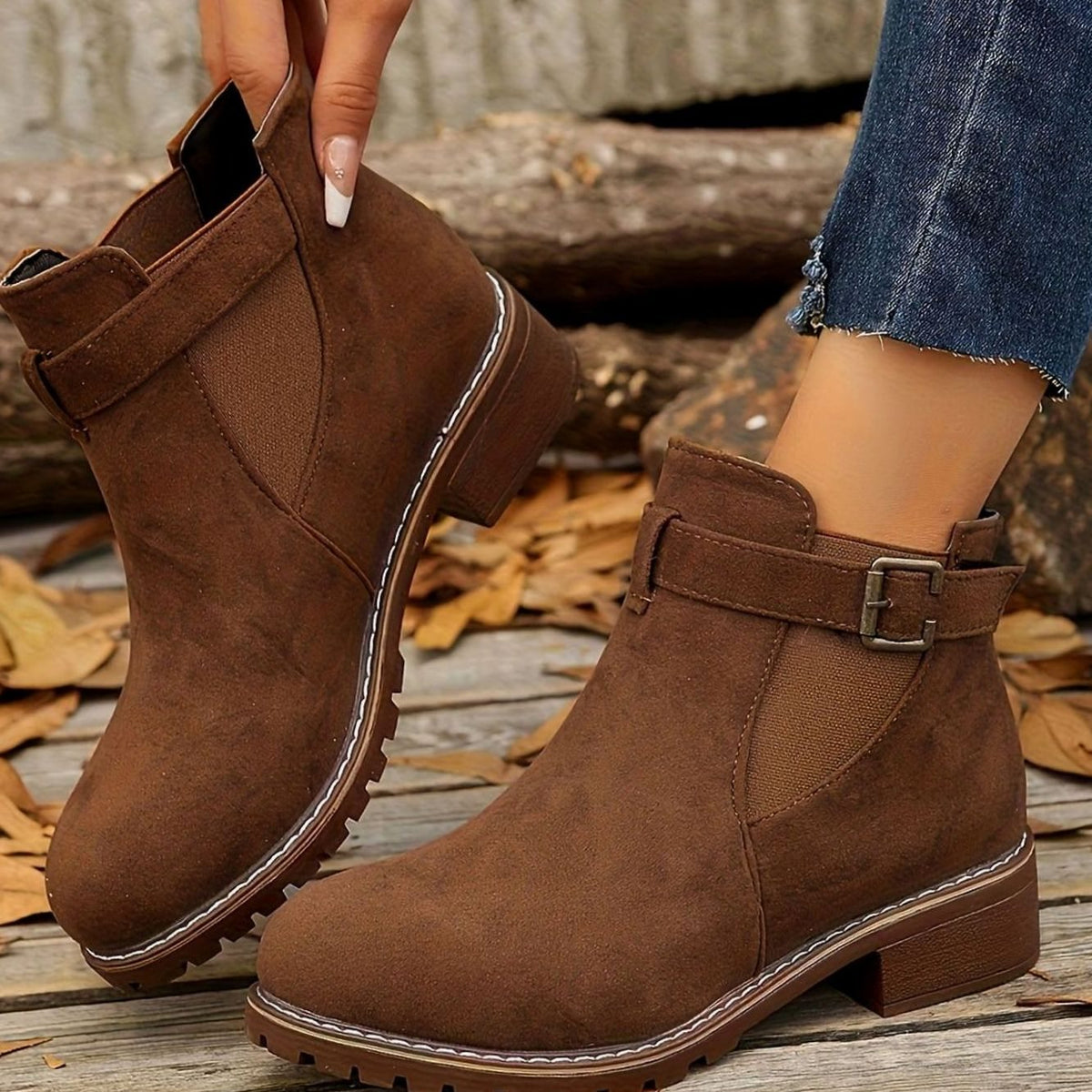 Suede Ankle Boots with Block Heel and Buckle Strap