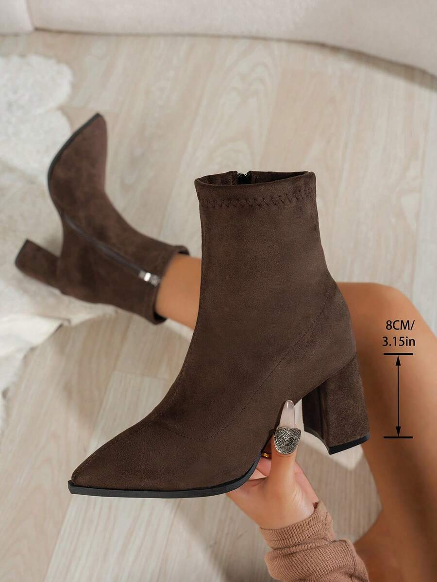 Suede Ankle Boots with Block Heel and Pointed Toe