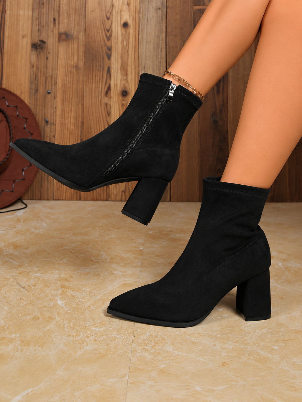 Suede Ankle Boots with Block Heel and Pointed Toe