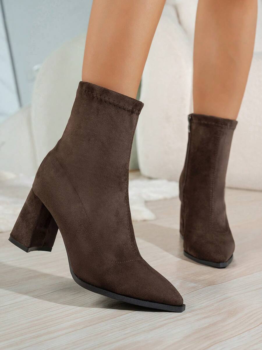Suede Ankle Boots with Block Heel and Pointed Toe