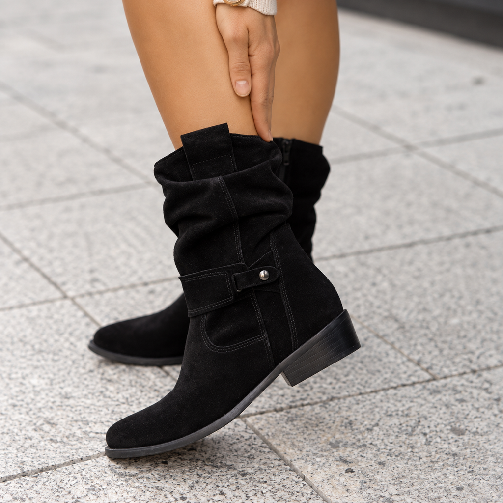 Suede Ankle Boots with Slouch Detail and Block Heel