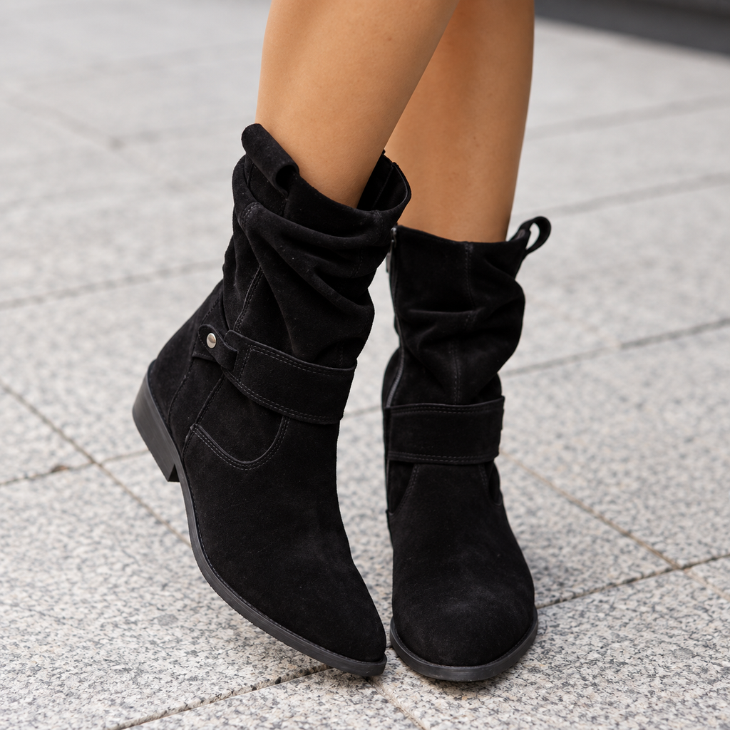 Suede Ankle Boots with Slouch Detail and Block Heel