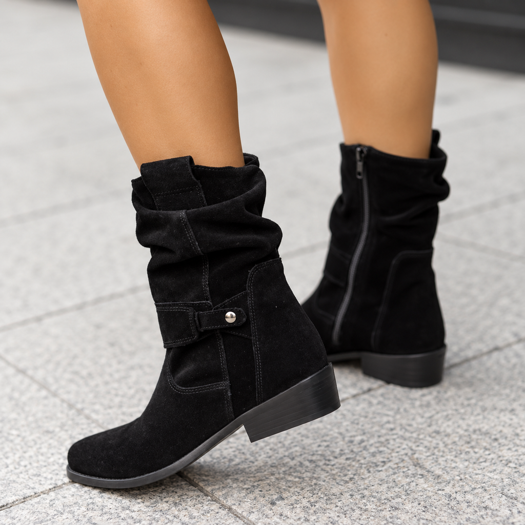 Suede Ankle Boots with Slouch Detail and Block Heel