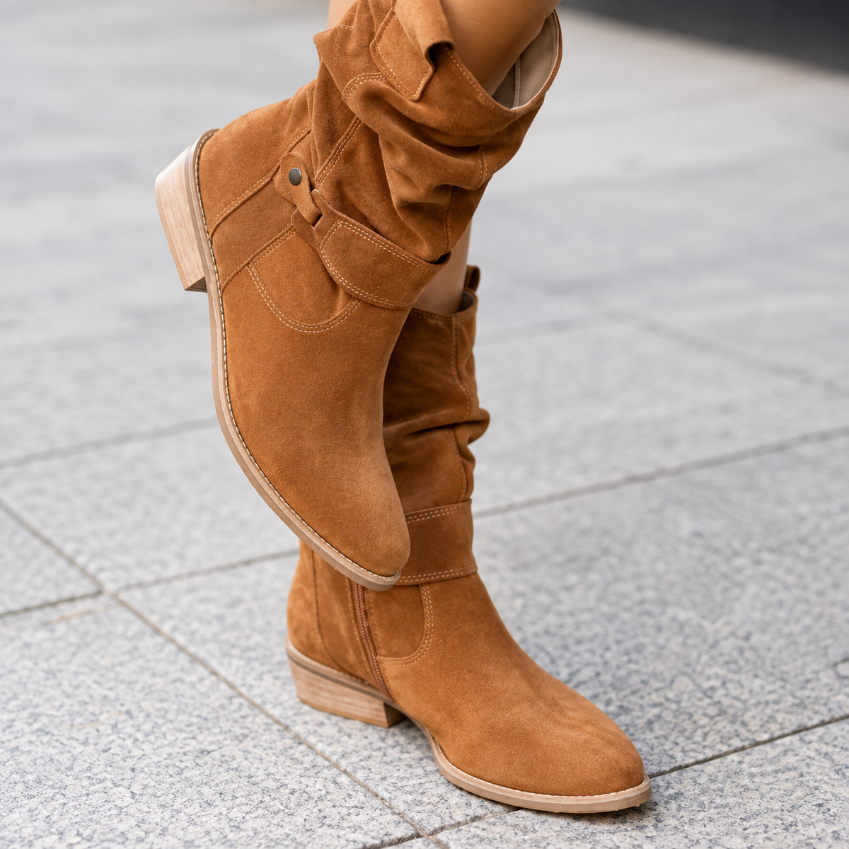 Suede Ankle Boots with Slouch Detail and Block Heel