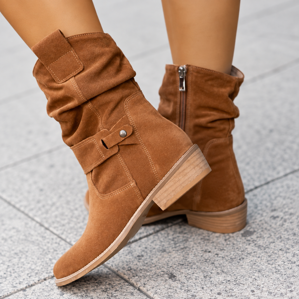 Suede Ankle Boots with Slouch Detail and Block Heel
