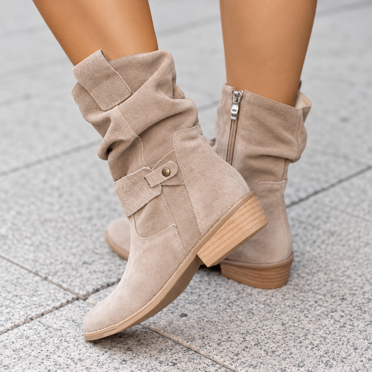 Suede Ankle Boots with Slouch Detail and Block Heel