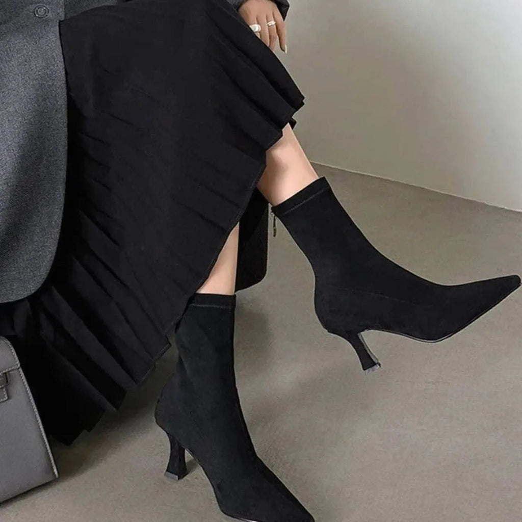 Suede Heeled Ankle Boots with Pointed Toe and Kitten Heel