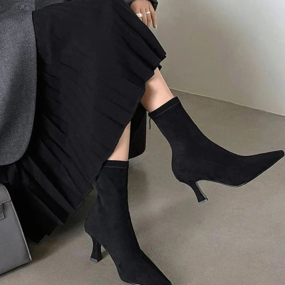 Suede Heeled Ankle Boots with Pointed Toe and Kitten Heel