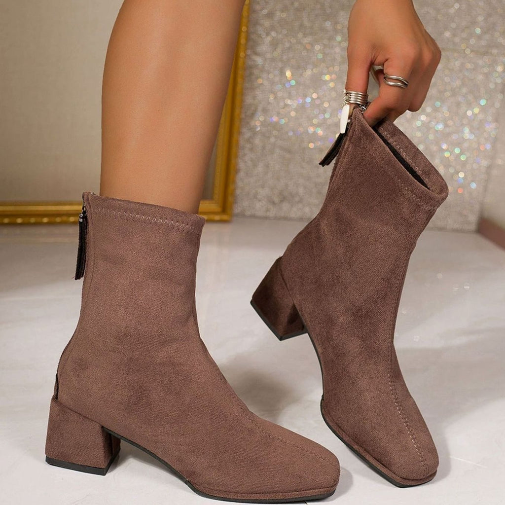Suede Heeled Ankle Boots with Square Toe and Block Heel