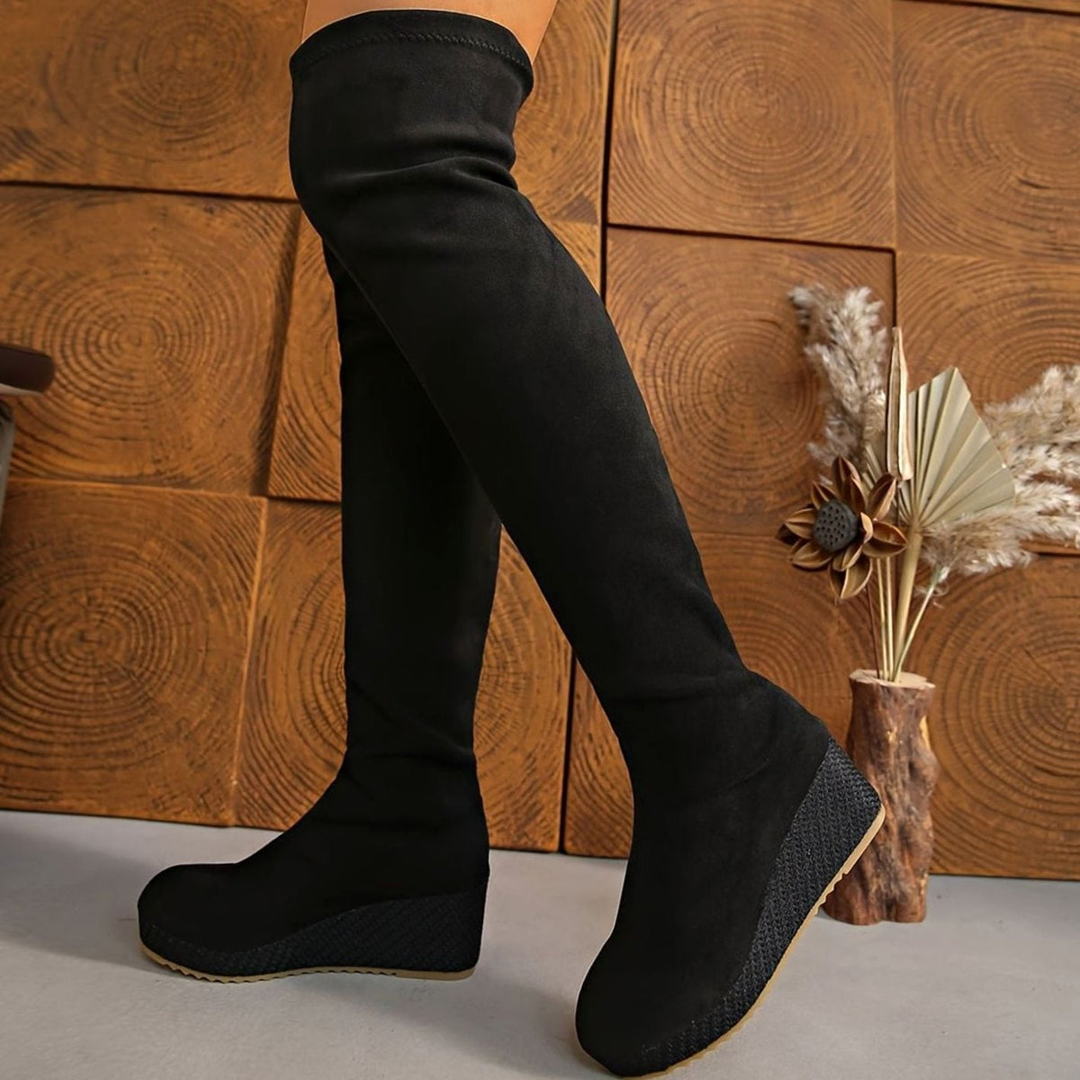 Suede Over the Knee Boots with Woven Wedge Sole