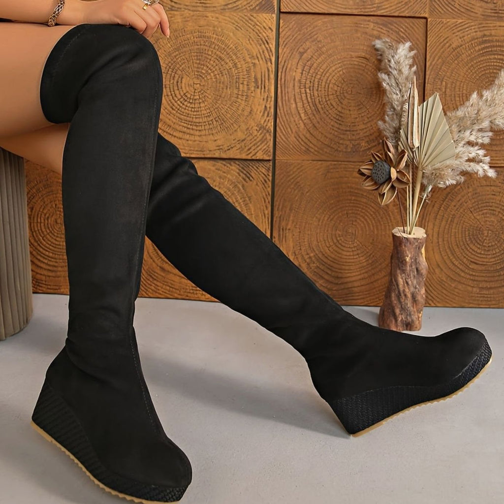 Suede Over the Knee Boots with Woven Wedge Sole