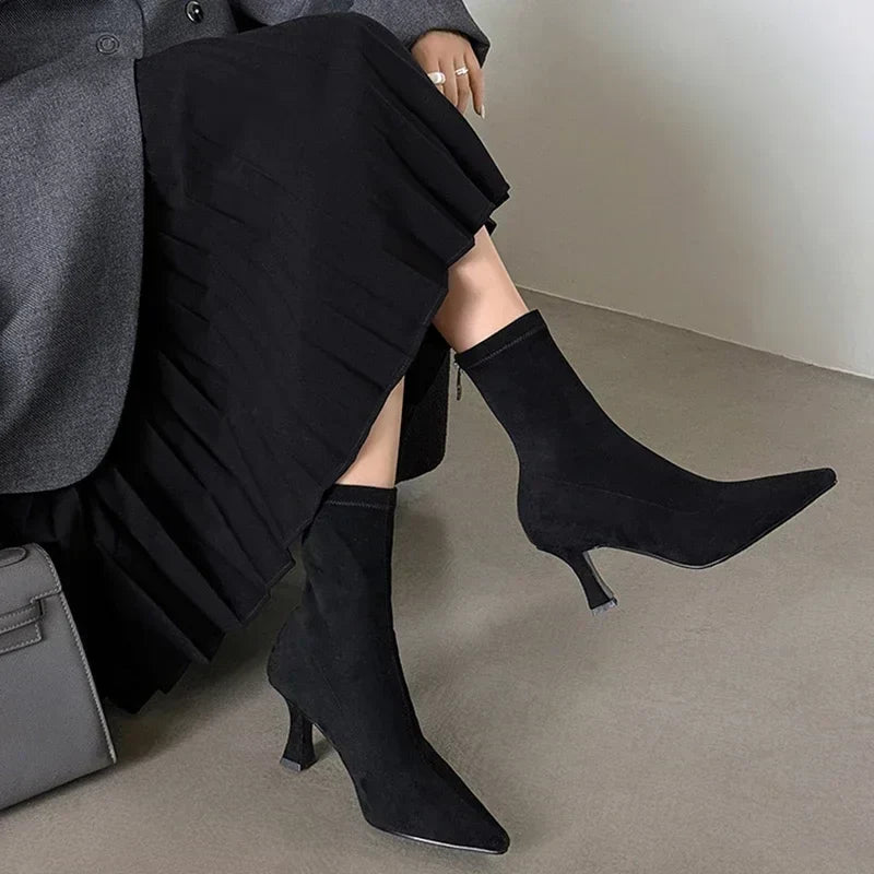 Suede Pointed Toe Heeled Ankle Boots with Stiletto Heel