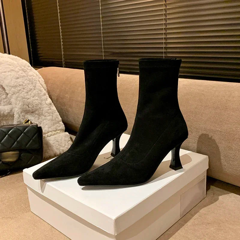 Suede Pointed Toe Heeled Ankle Boots with Stiletto Heel