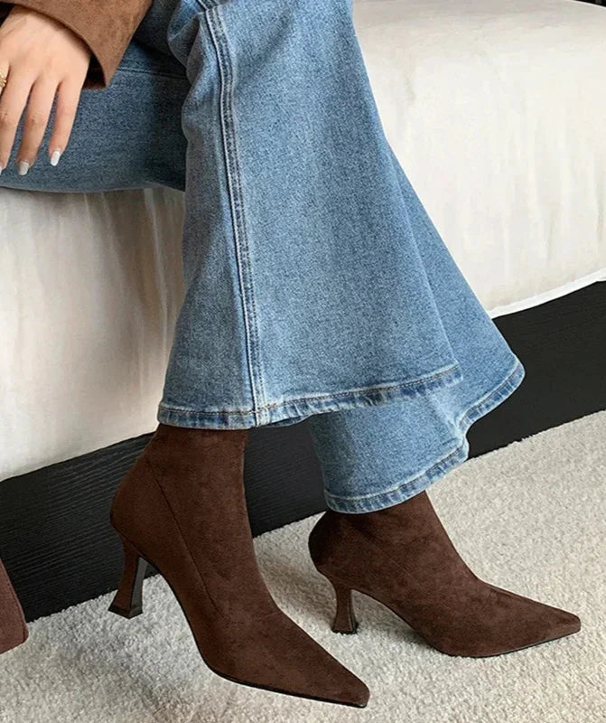 Suede Pointed Toe Heeled Ankle Boots with Stiletto Heel