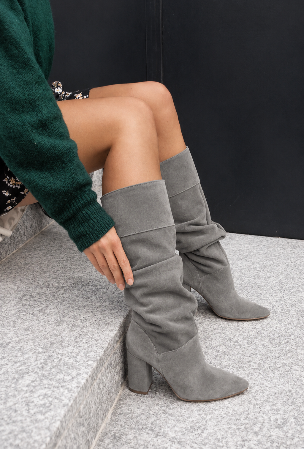 Suede Knee High Boots with Block Heel and Slouch Detail