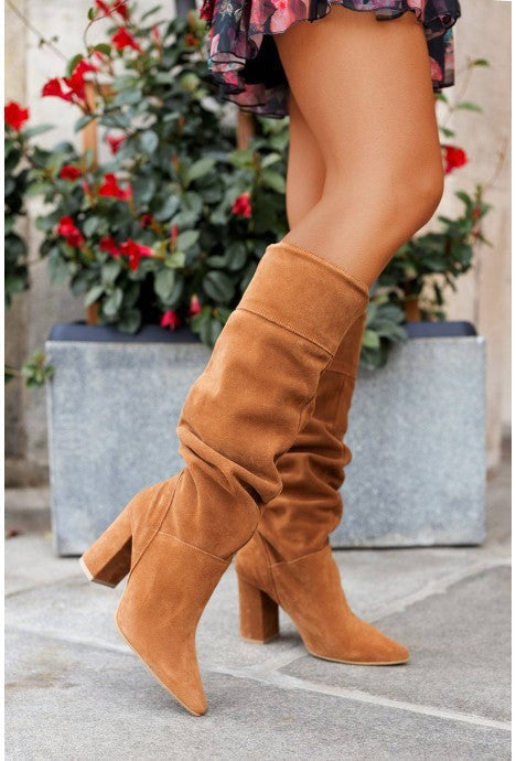 Suede Knee High Boots with Block Heel and Slouch Detail