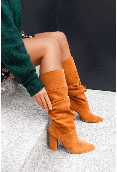 Suede Knee High Boots with Block Heel and Slouch Detail