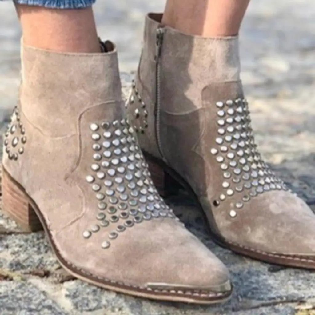 Taupe Studded Suede Ankle Boots with Block Heel and Pointed Toe