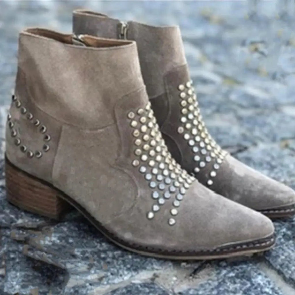 Taupe Studded Suede Ankle Boots with Block Heel and Pointed Toe