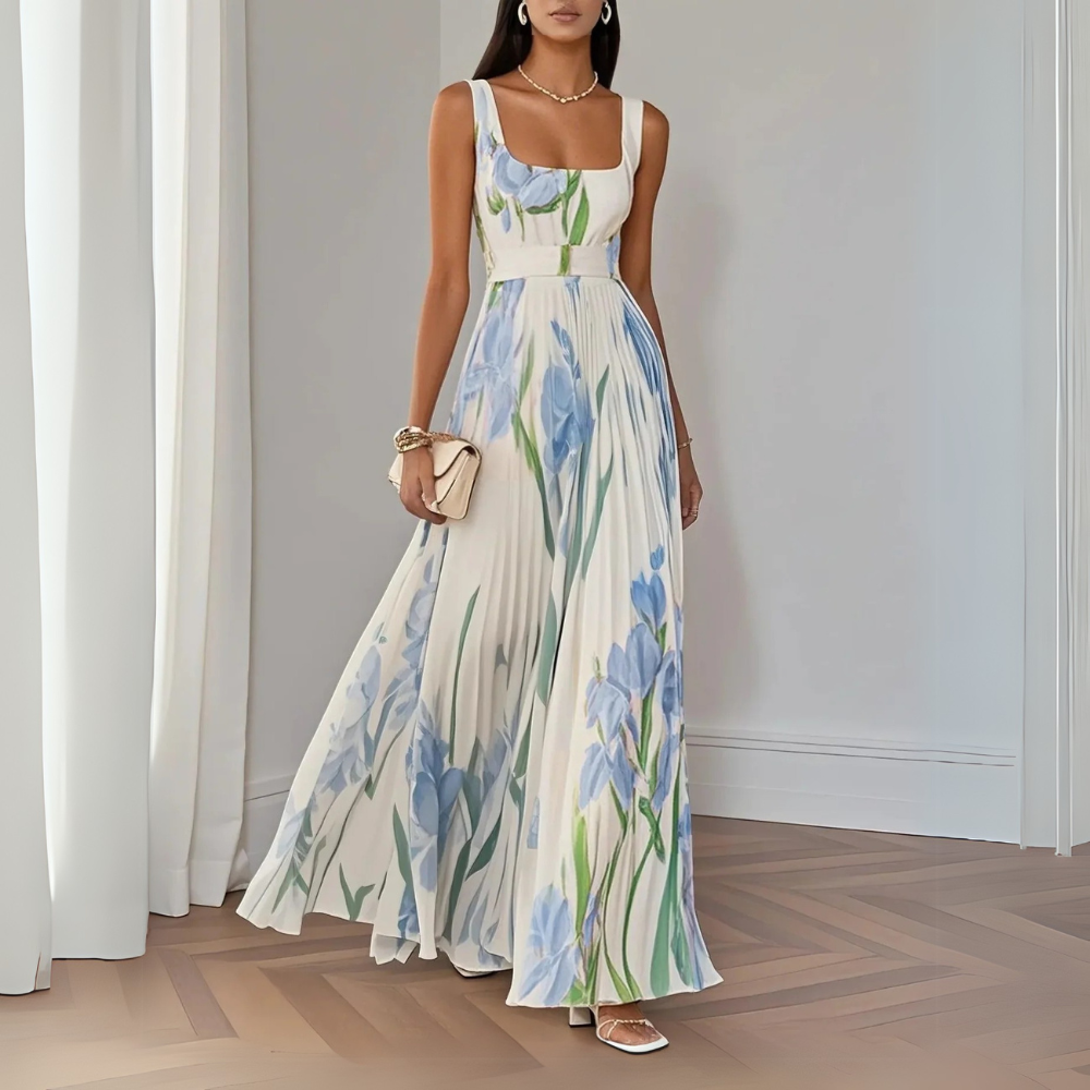 Vestido Largo Plisado Floral Elegante con Escote Cuadrado