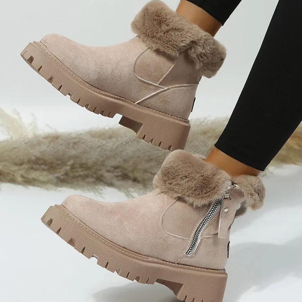 Warm Suede Winter Ankle Boots with Fluffy Fur Collar