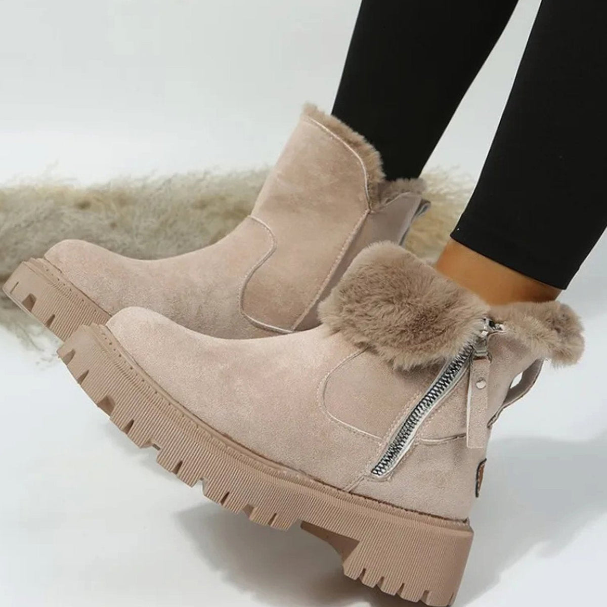 Warm Suede Winter Ankle Boots with Fluffy Fur Collar