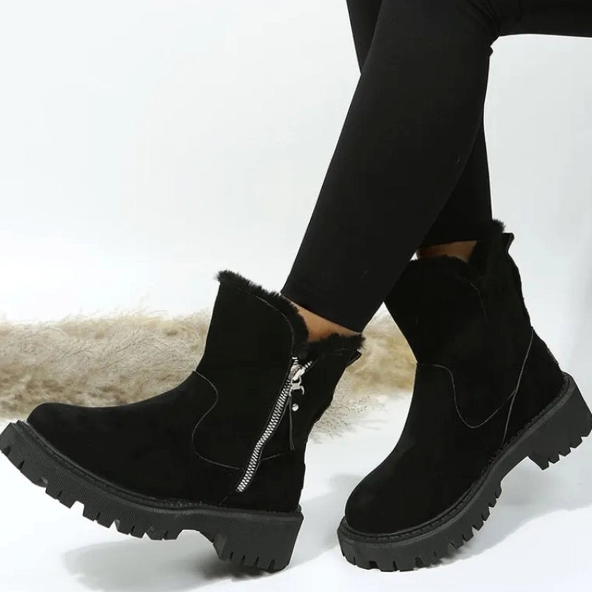 Warm Suede Winter Ankle Boots with Fluffy Fur Collar