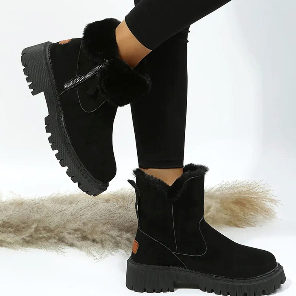Warm Suede Winter Ankle Boots with Fluffy Fur Collar