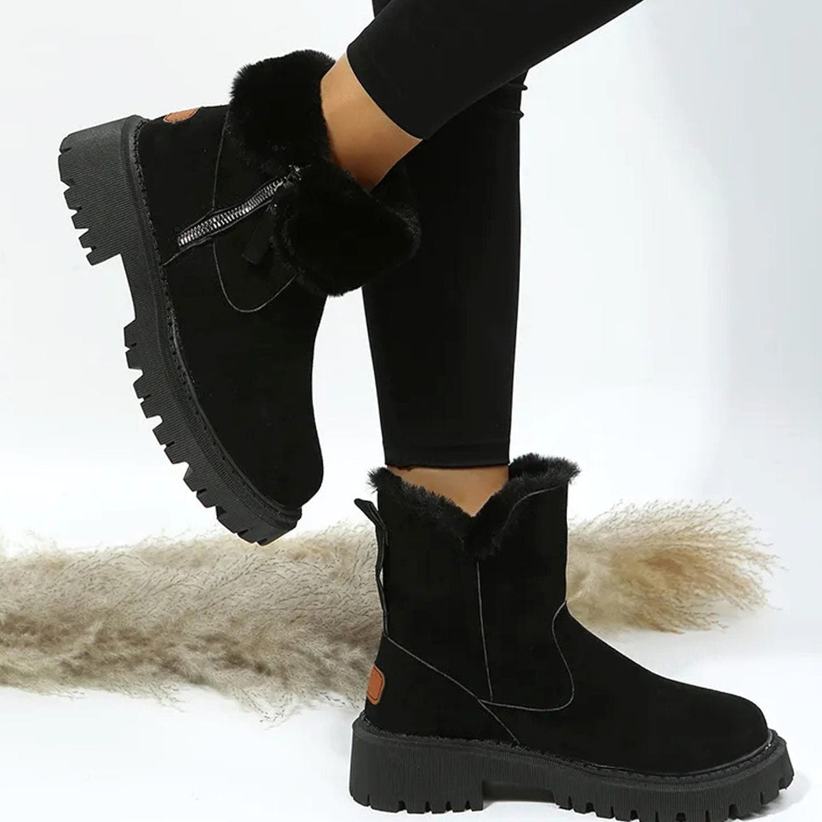 Warm Suede Winter Ankle Boots with Fluffy Fur Collar