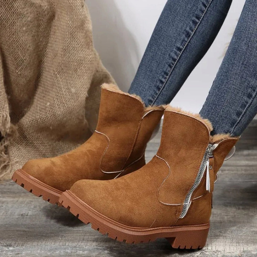 Warm Suede Winter Ankle Boots with Fluffy Fur Collar