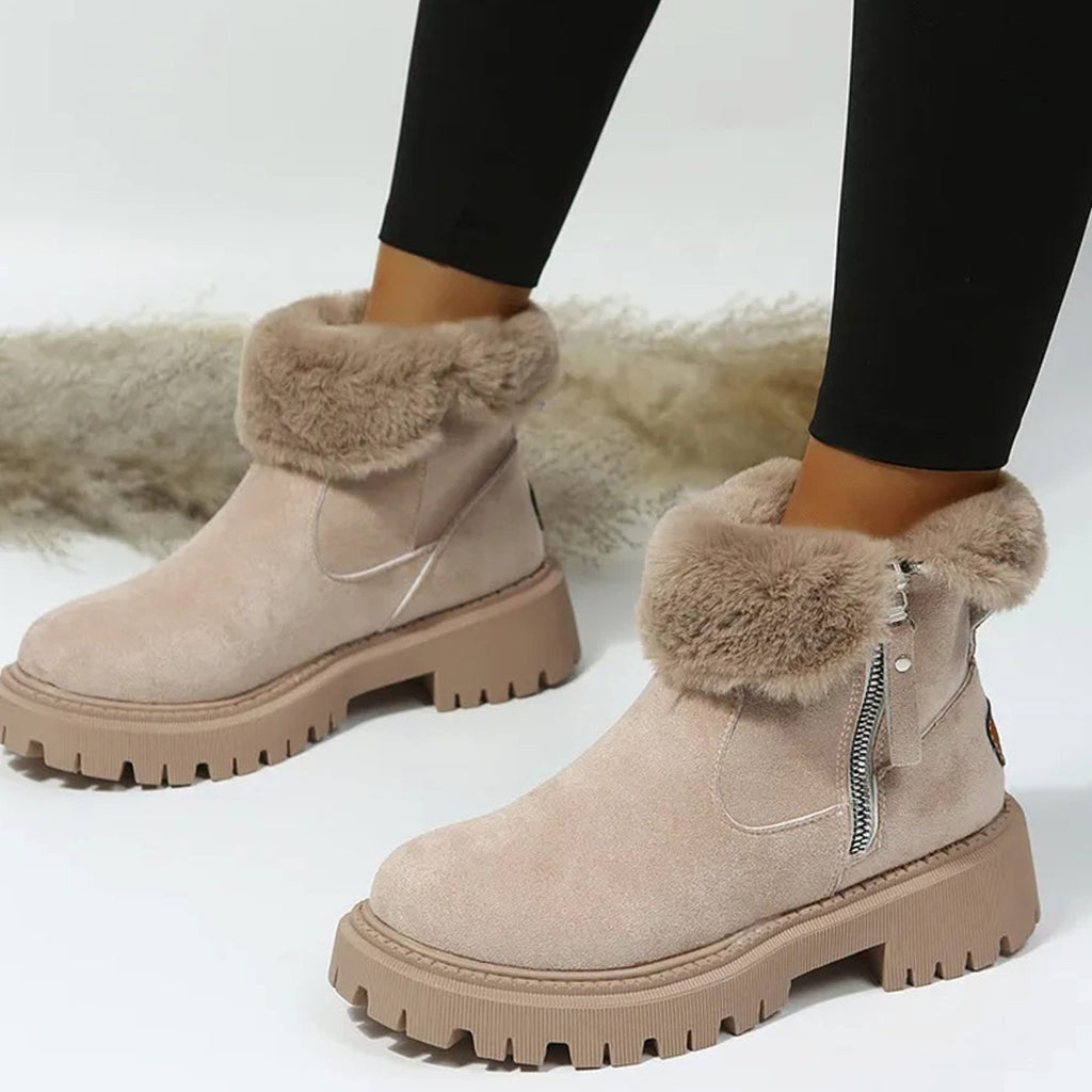 Warm Suede Winter Ankle Boots with Fluffy Fur Collar