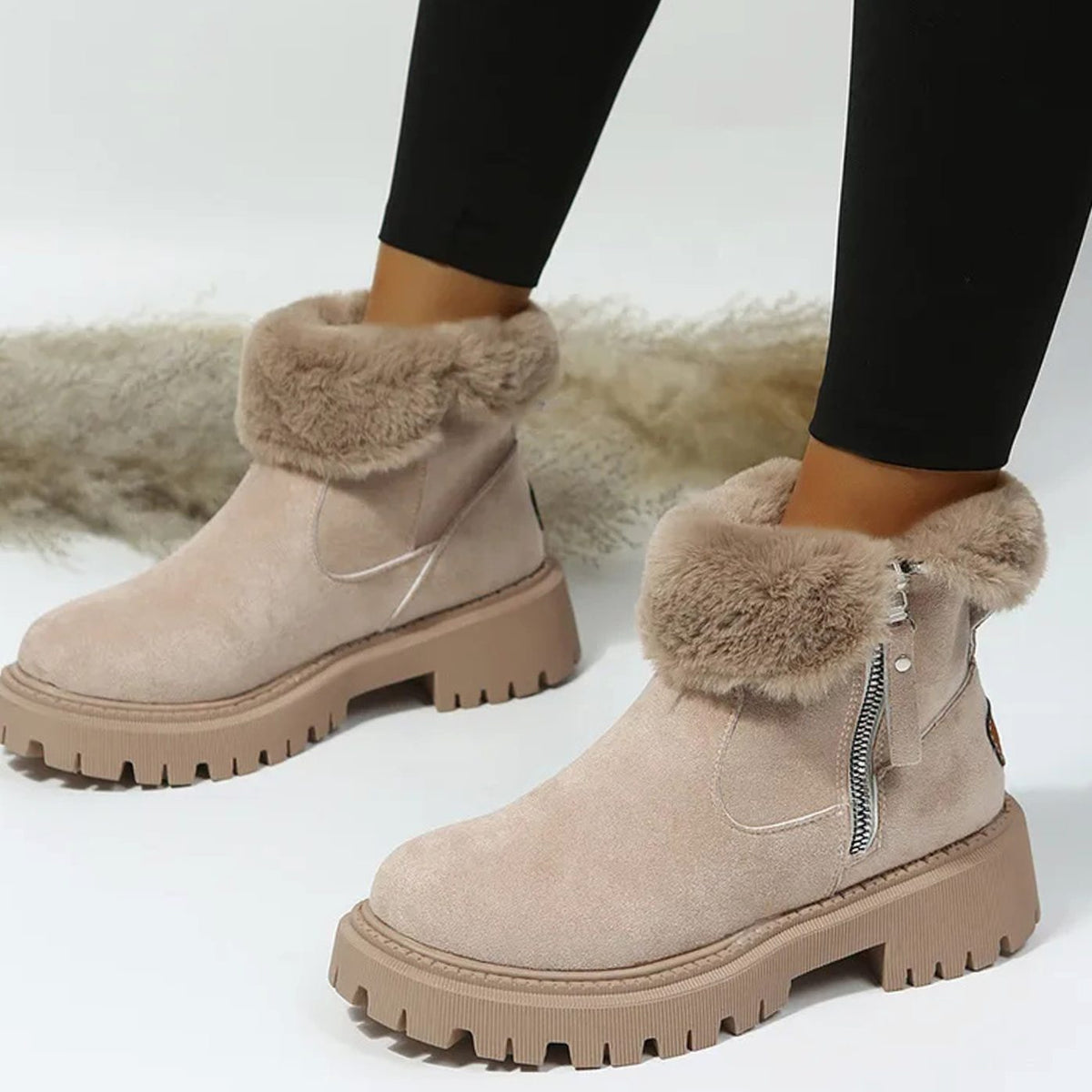 Warm Suede Winter Ankle Boots with Fluffy Fur Collar