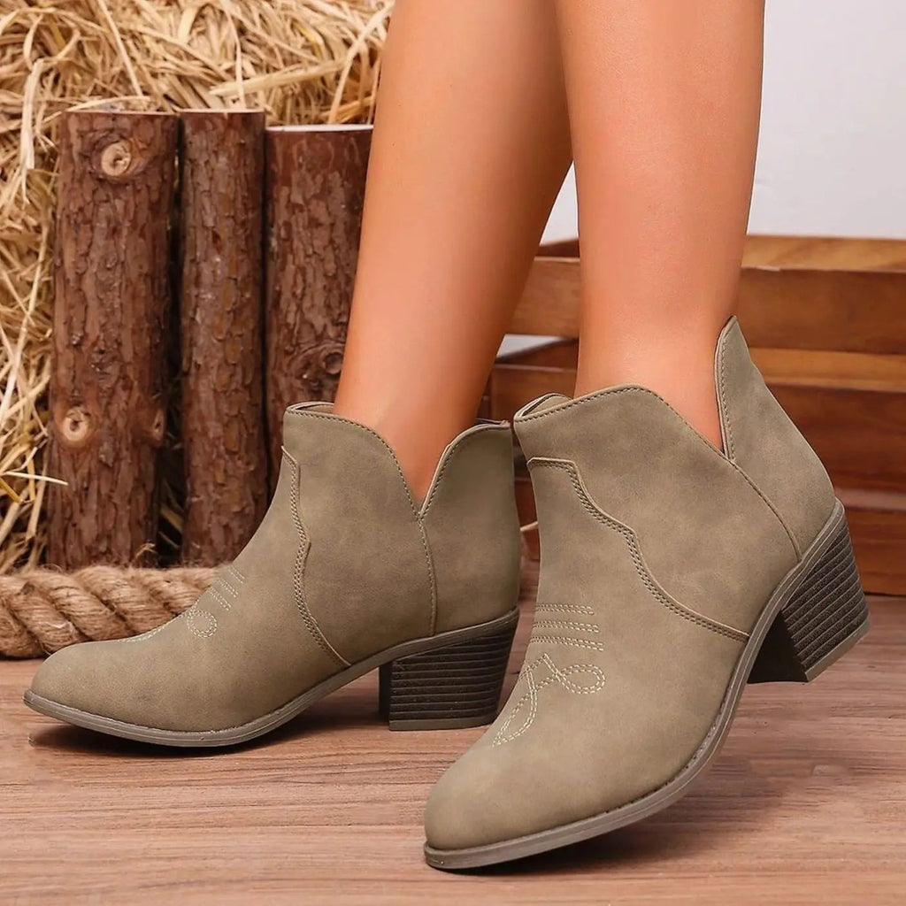 Western Ankle Boots with Block Heel and Stitch Detail