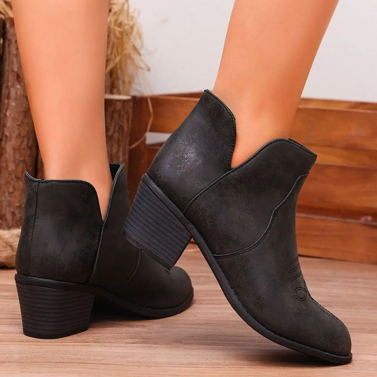 Western Ankle Boots with Block Heel and Stitch Detail