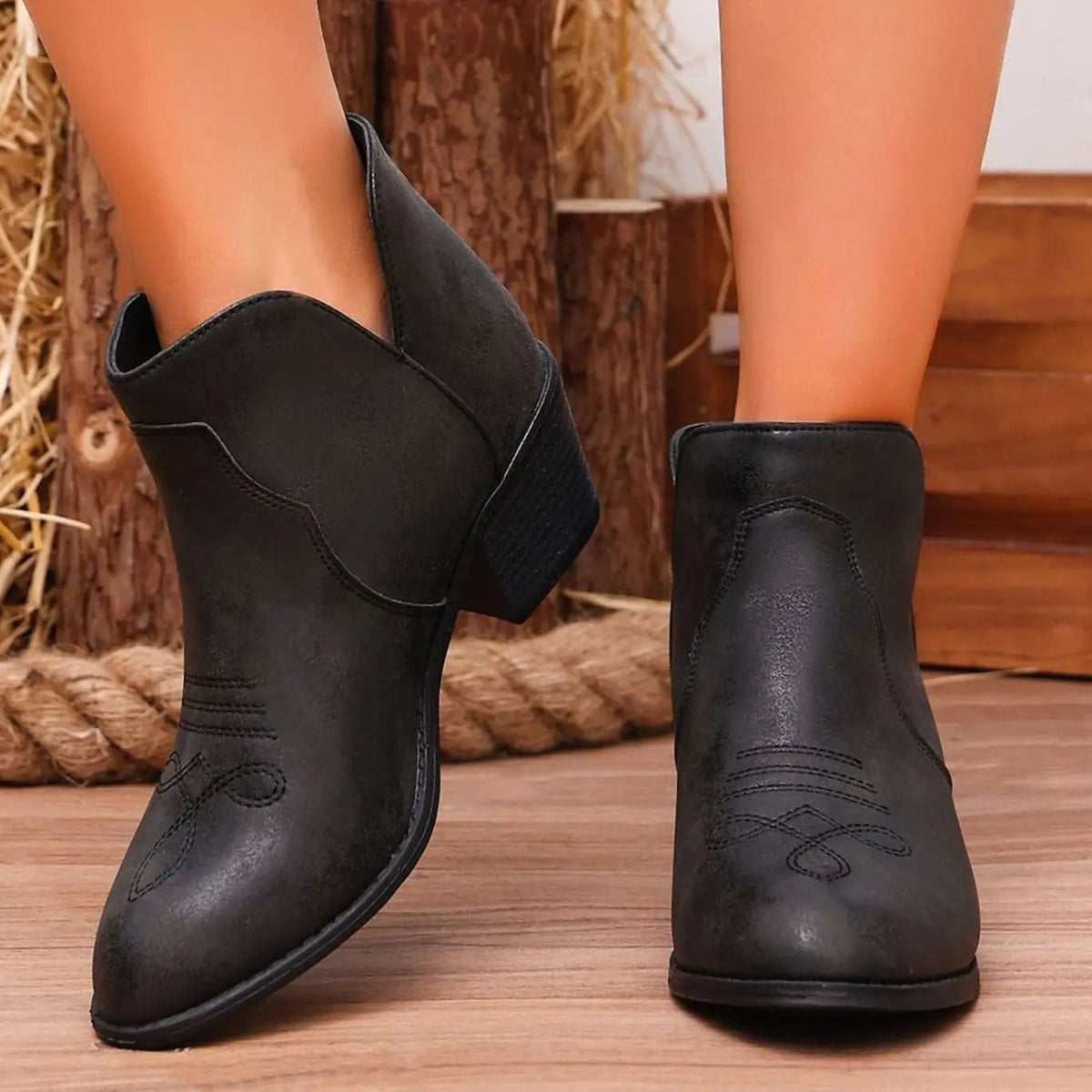 Western Ankle Boots with Block Heel and Stitch Detail